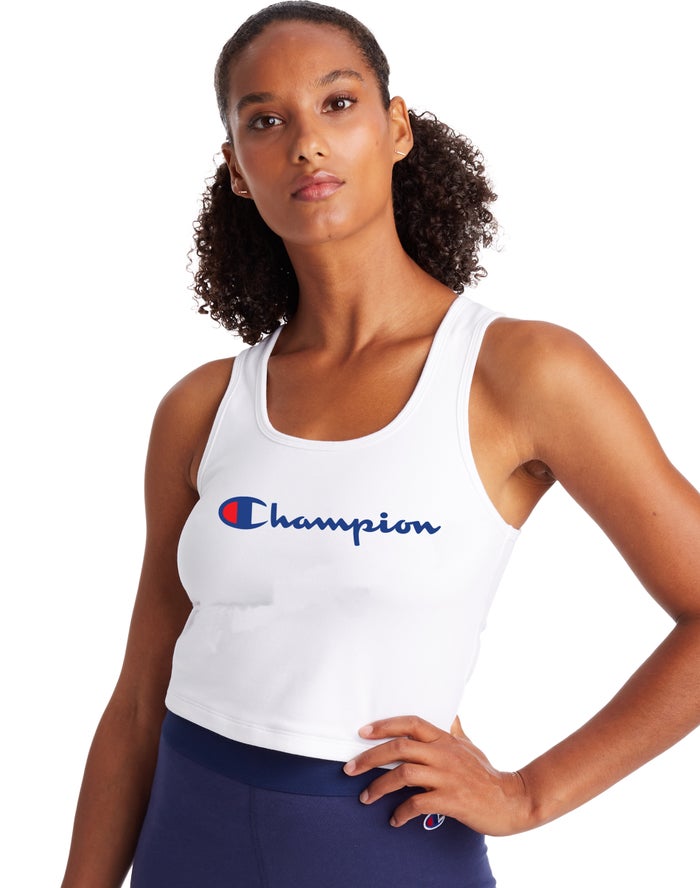 Champion Womens Tank Tops NZ - Authentic Crop Script Logo White ( 2438-HPEJW )